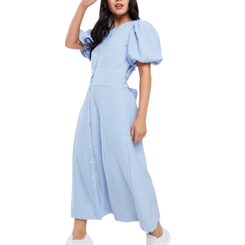 Ces Femme Blue White Seersucker Striped Balloon‎ Sleeve Dress Size: Large NEW